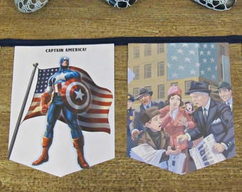 Banderines del Capitán América: banderines dorados reciclados, decoración para fiesta de superhéroes