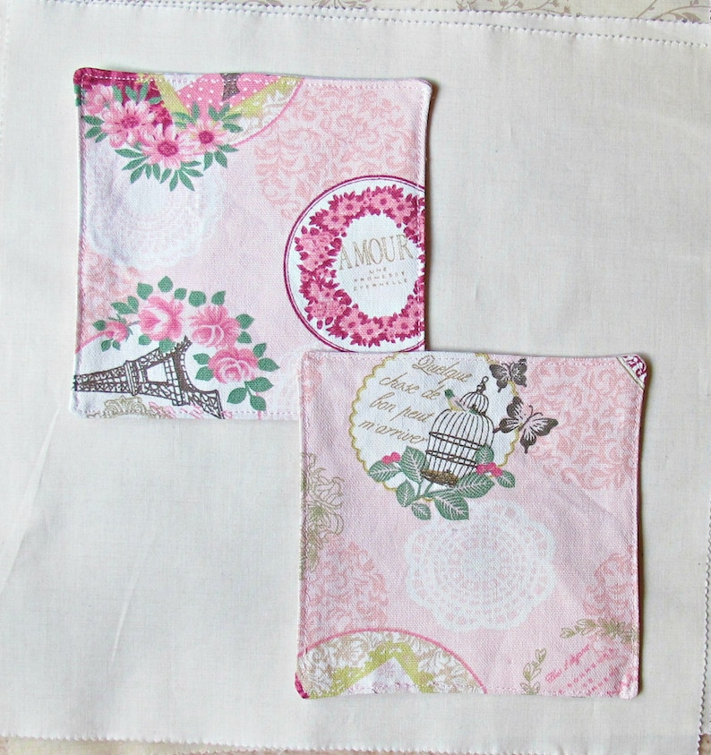 Reusable Pink Fabric Coasters Cocktail Napkin Set Cloth French Paris Doilies Napery Shabby Chic Bird Cage Picnic Foodie Gift Eco-Friendly