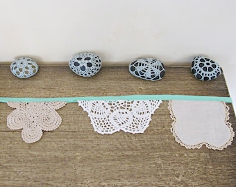 Mini Boho Chic Wedding Bunting Vintage Doilies Mint Green White Cream Crochet Shabby Chic Rustic Chic Repurposed Bridal Shower Baby Shower