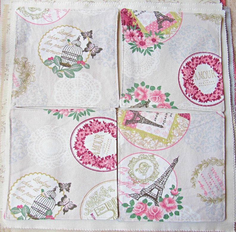 Reusable Pink Fabric Coasters Cocktail Napkin Set Cloth French Paris Doilies Napery Shabby Chic Bird Cage Picnic Foodie Gift Eco-Friendly
