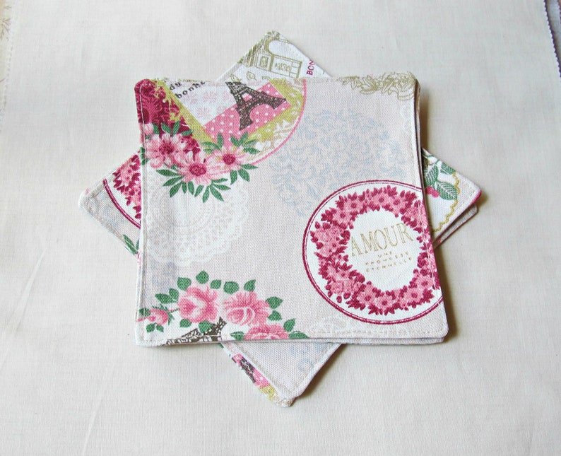 Reusable Pink Fabric Coasters Cocktail Napkin Set Cloth French Paris Doilies Napery Shabby Chic Bird Cage Picnic Foodie Gift Eco-Friendly
