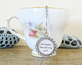 Jane Austen Tea Infuser Strainer Quote Obstinate Headstrong Girl Foodie Gift Heart Homewares Kitchen Afternoon Silver Bookworm Bookish