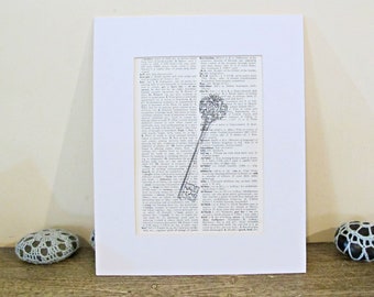 Skeleton Key Wall Art Print Decor Illustrated Artwork Black and White Vintage Illustrations Homewares Dictionary Page For Her Women