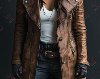 Abrigo largo de cuero para mujer: Cuello de piel estilo invernal. Regalo de Navidad para ella.