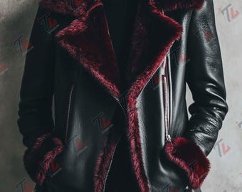 Chaqueta de cuero para mujer con cuello de piel en contraste. Regalo de Navidad para ella.