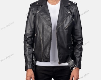 Chaqueta de cuero negra hecha a mano para hombre, regalo de Navidad para él.