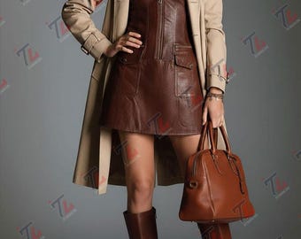 Abrigo largo de cuero sin mangas con bolsillos utilitarios. Regalo para ella. Regalo de Navidad.