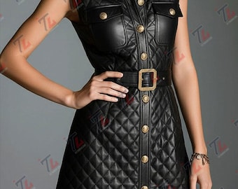 Minivestido acolchado de cuero negro / Sin mangas, corte en A, abotonado