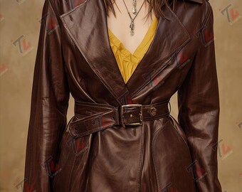 Chaqueta cruzada de cuero marrón estilo vintage con cinturón / Abrigo cruzado para mujer