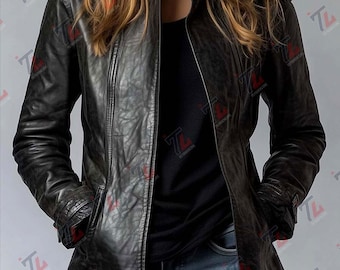 Chaqueta de cuero para mujer estilo vintage con cuello alto, regalo de Navidad para ella.