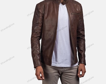 Chaqueta de cuero marrón para hombre con estilo vintage, regalo de Navidad para él.