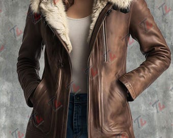 Abrigo largo de cuero para mujer: Cuello de piel, regalo de Navidad para ella