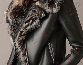 Chaqueta de cuero para moto con cuello de piel para mujer