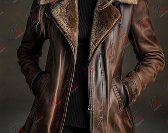 Chaqueta de moto de cuero marrón: cuello de piel, abrigo de invierno para mujer. Regalo de San Valentín para ella.