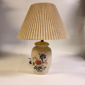 Vintage 1980 Floral Ceramic Table Lamp Leviton Socket Pleated Shade 24”