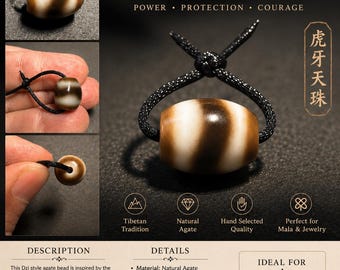 Tiger Tooth Dzi Style Agate Barrel Bead | Brown White Striped Agate | Tibetan Inspired Pendant Bead | Loose Bead for Mala & Jewelry（J407）
