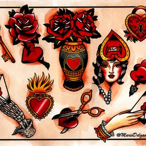 American Traditional Hearts Tattoo Flash Print – 11x14 | Includes Linework |