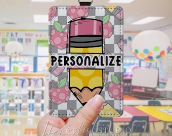 Personalized Teacher Badge Holder - Apples & Pencils Design