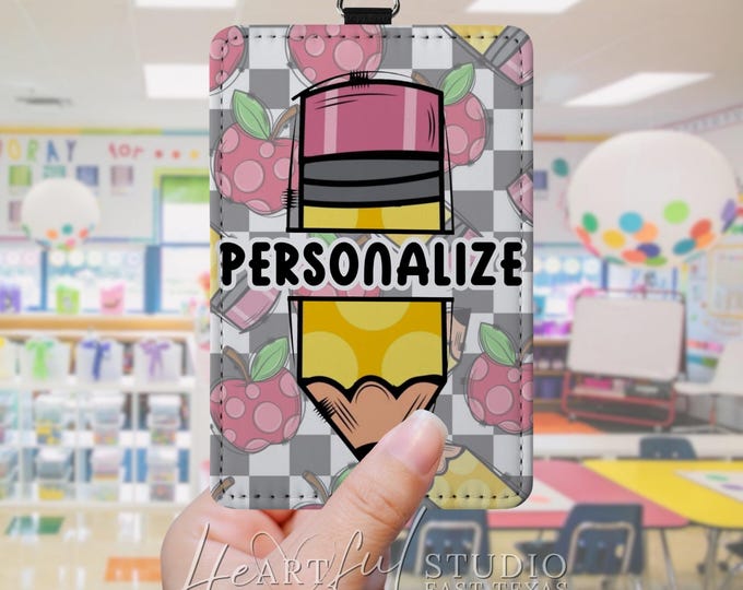 Personalized Teacher Badge Holder - Apples & Pencils Design