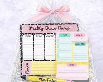 Personalized Teacher Weekly Planner Notepad Set, Glitter Pen, Desk Organizer