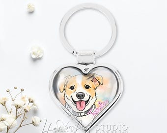 Custom Pet Portrait Keychain, Heart Dog Memorial Gift