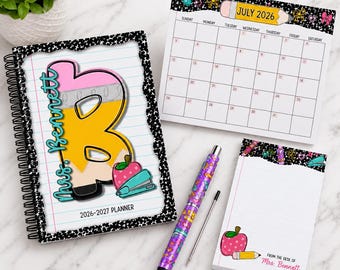 Personalized Teacher Planner and Pen Set, 2026-2027 Academic Planner, Handmade Desk Gift