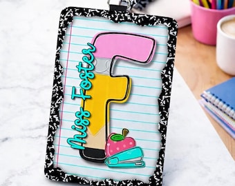 Personalized Teacher Lanyard Badge Holder, Custom Name, School Supplies Theme
