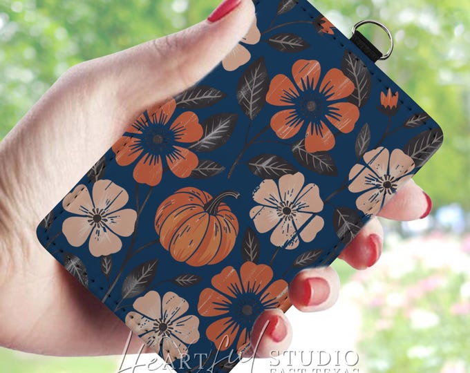 Navy Fall Pumpkin Card Wallet: Personalized Autumn Accessory