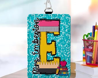 Personalized Teacher Badge Holder with Lanyard | Teal Composition Notebook Pencil Initial ID Reel