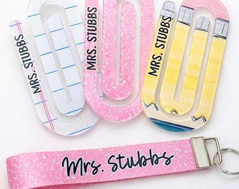 Personalized Teacher Gift Set, Acrylic Bookmark and Wristlet Keychain