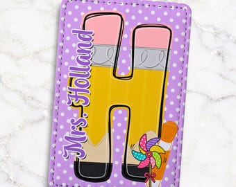 Personalized Teacher Pencil Monogram Badge Holder with Lanyard | Back To School Gift