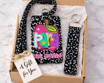 Personalized Paraprofessional Badge Holder Set, Lanyard, Wristlet Keychain, Para Educator Gift