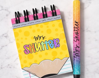 Personalized Teacher Notebook and Glitter Pen Set, Custom Name Stationery , Teacher Appreciation Gift