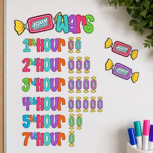 以下が含まれることがあります： ホワイトボードに掲示されたJolly Rancher Warsのチャート。1時間目から7時間目までのカラフルな文字と、各時間を表す小さなキャンディのグラフィックが並んでいます。タイトルの右側には、さらに2つのキャンディのグラフィックが配置されています。