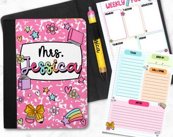 Personalized Teacher Padfolio, Weekly Planner Notepads, Glitter Gel Pen Set