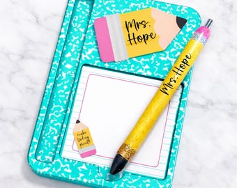 Personalized Teacher Notepad Holder with Pen Set, Handmade Desk Accessory