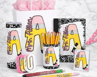 Personalized Teacher Gift Set, Custom Name Tumbler, Notebook, Pen Holder, Badge Reel, Lanyard