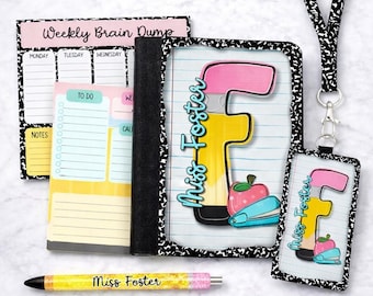 Personalized Teacher Bundle, Padfolio, Pen, Notepads, Badge Holder Set