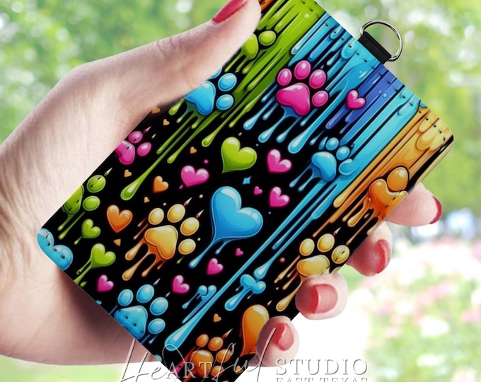 Neon Paws & Hearts Card Holder, Keychain Wallet, Gift for Pet Lovers