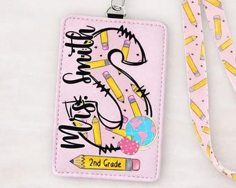 Personalized Teacher Badge Holder Lanyard, Pencil Design, Teacher Appreciation Gift