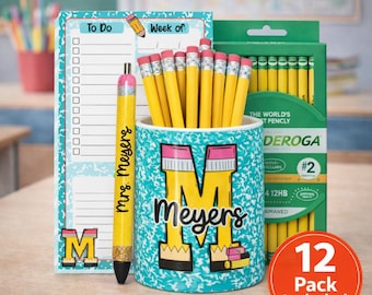 Personalized Teacher Desk Set, Pencil Holder, Notepad, Glitter Pen