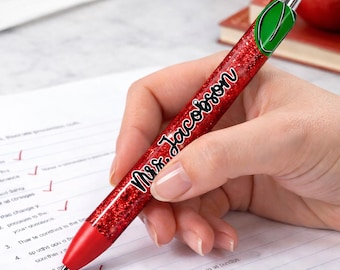 Personalized Glitter Apple Teacher Pen | Custom Red Grading Pen