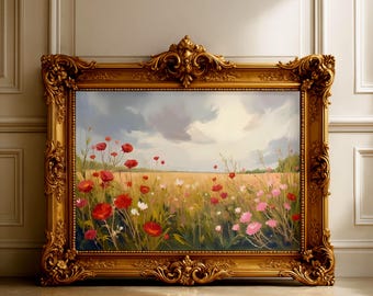 油絵・風景画　ポピーと草原 野花が咲く草原の油絵、柔らかなポピーの風景画（デジタルダウンロード