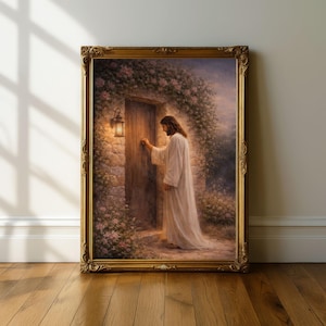Gesù che bussa alla porta, decorazione murale cristiana, versetto biblico Apocalisse 3:20, neutro (download digitale)