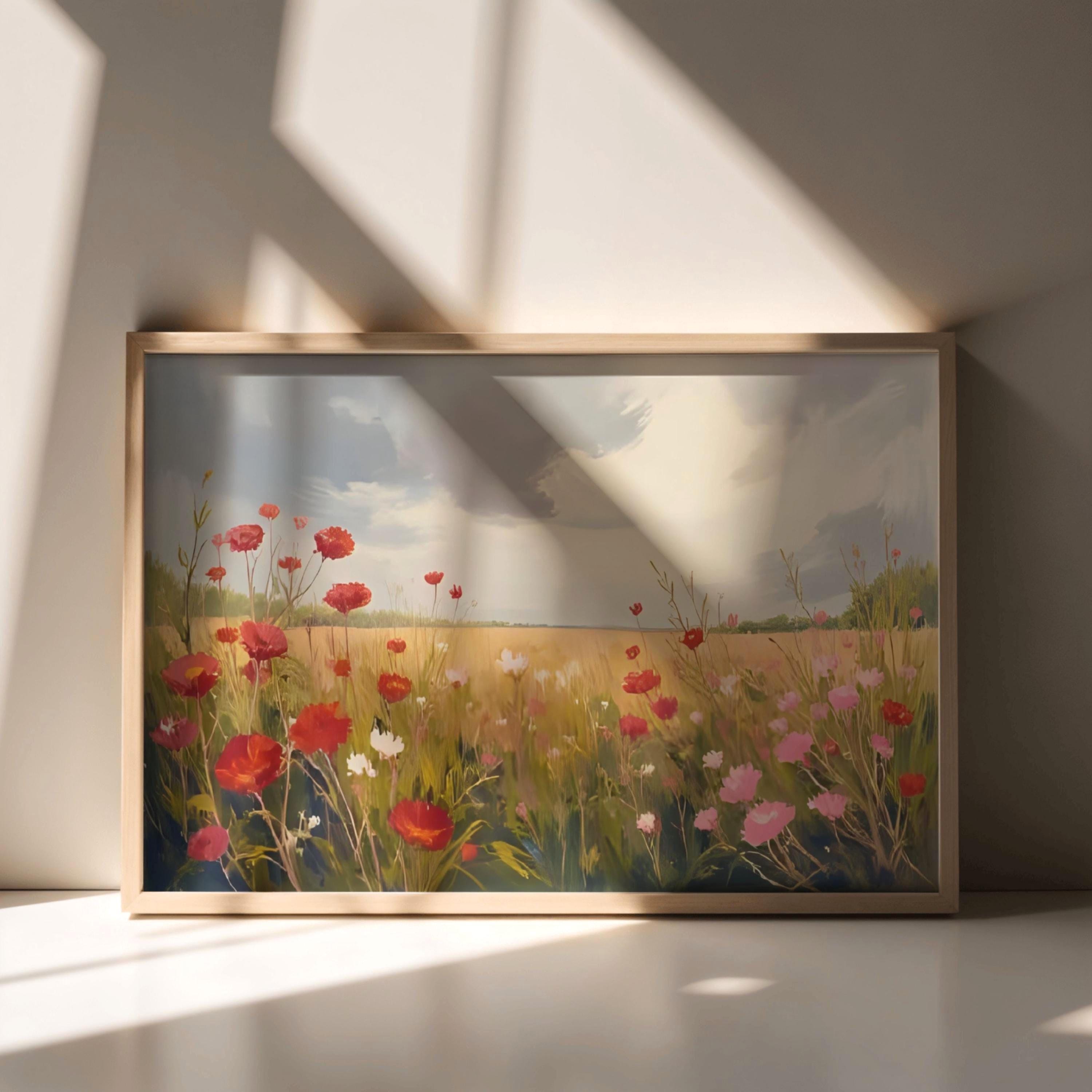 野花が咲く草原の油絵、柔らかなポピーの風景画（デジタルダウンロード