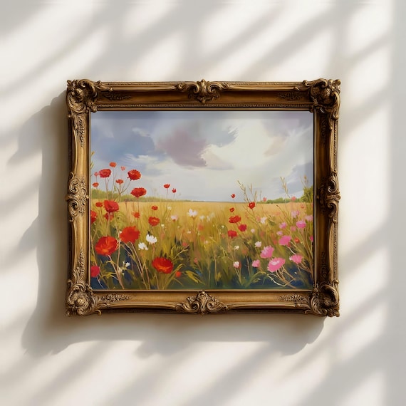 野花が咲く草原の油絵、柔らかなポピーの風景画（デジタルダウンロード