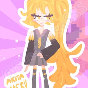 Könnte beinhalten: Illustration eines Charakters namens Akita Neru mit gelbem Haar und passendem Outfit. Der Charakter hat einen strengen Ausdruck und ist vor einem rosa-violetten Hintergrund mit Retro-Design platziert. Der Text "AKITA NERU" ist sichtbar.