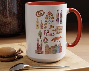 Poland Watercolor Icons Mug | Polish Culture Cities Landmarks Souvenir Gift | Krakow Warsaw Coffee Cup | European Travel Mug Present