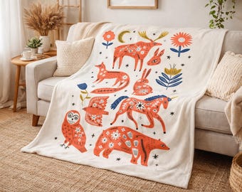 Nordic Folk Animal Throw Blanket | Scandinavian Woodland Throw | Cozy Folk Art Blanket | Rustic Nordic Decor | Winter Hygge Gift