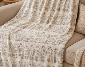 Dutch Houses Blanket | Neutral Nursery Throw | Cozy European Home Decor | Minimal Scandinavian Style | Baby and Toddler Gift